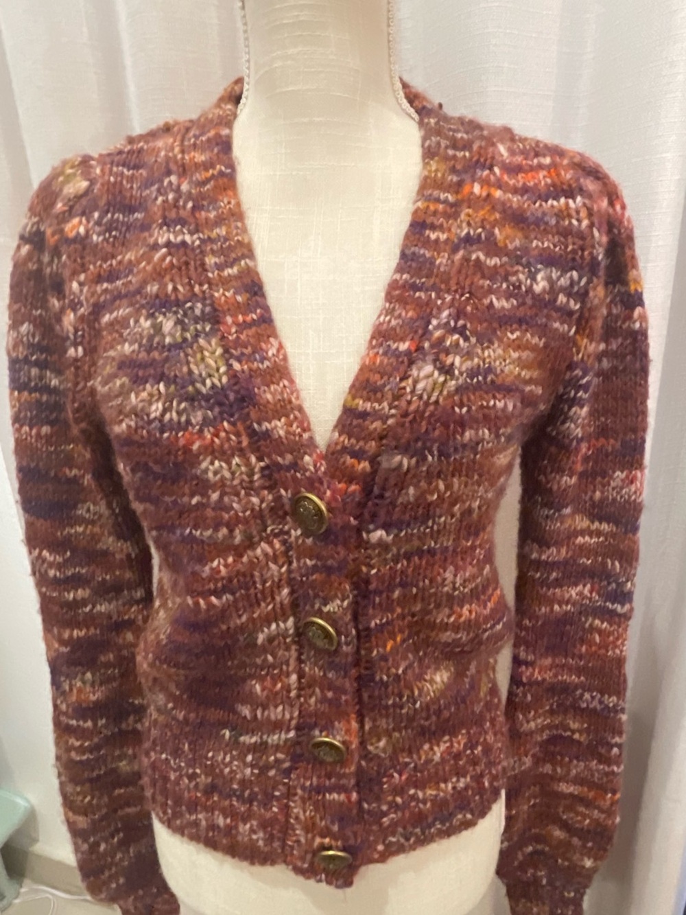 Veronica Beard Rust Multicolor V-Neck Button Cardigan